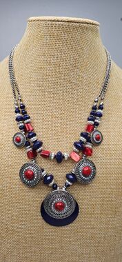 Ruby Rd Double Strand Red Blue & Silver Faux Pearl Beaded Necklace 18"L